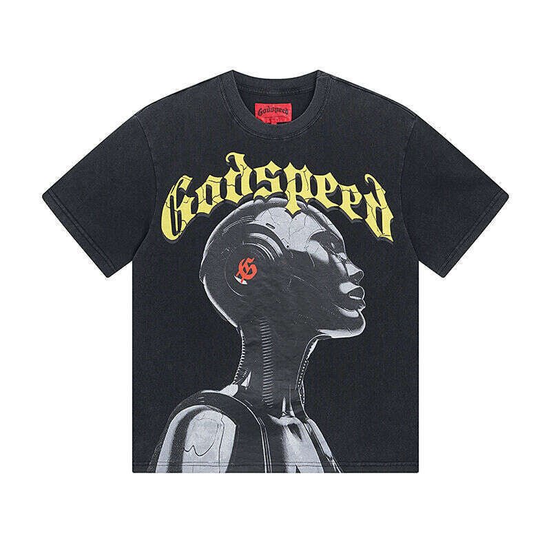 Fashion Black Men Women Godspeed Rock Street Washed Aged Print Short Sleeve Streetwear Premium — DRIPPIN SOCIETY® color gender